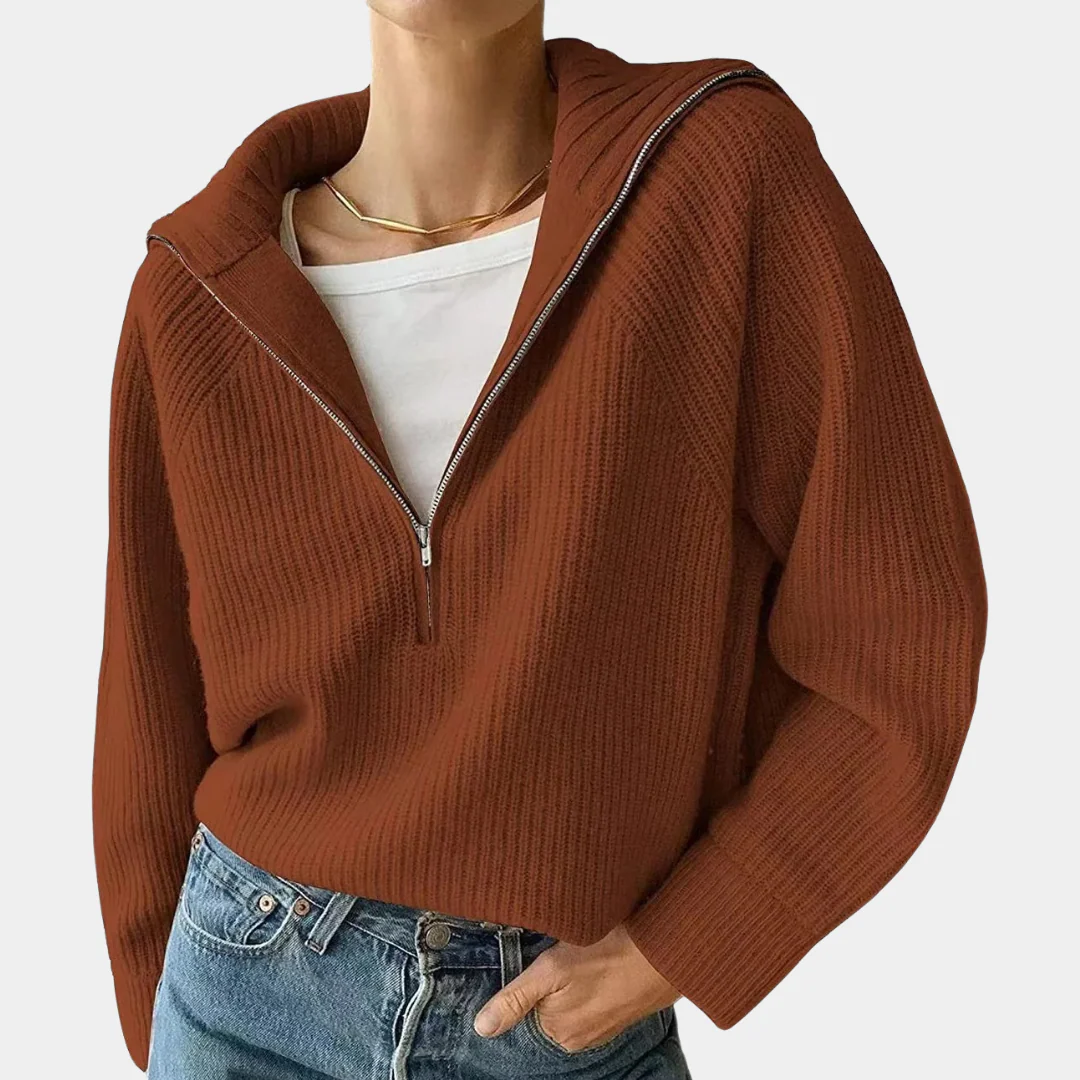 Caroline | Sweter damski bawełniany prążkowany z zamkiem - Image 2