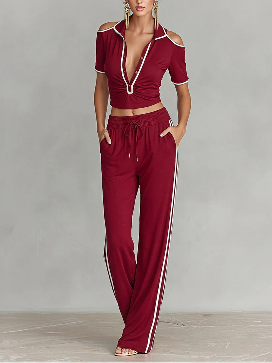 Carroll | Damski komplet dresowy bordowy z dzianiny crop top cold shoulder