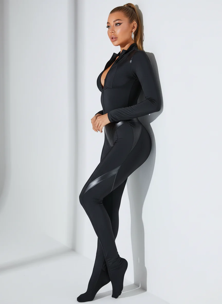 Charly | Damski kombinezon typu catsuit z panelem z ekoskóry na torsie, dopasowany i nowoczesny fason - Image 2