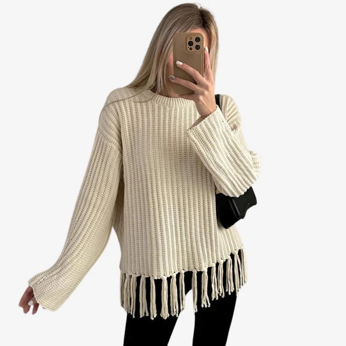 Dalilah | Sweter damski z długim rękawem, okrągłym dekoltem i frędzlami, casualowy - Image 2
