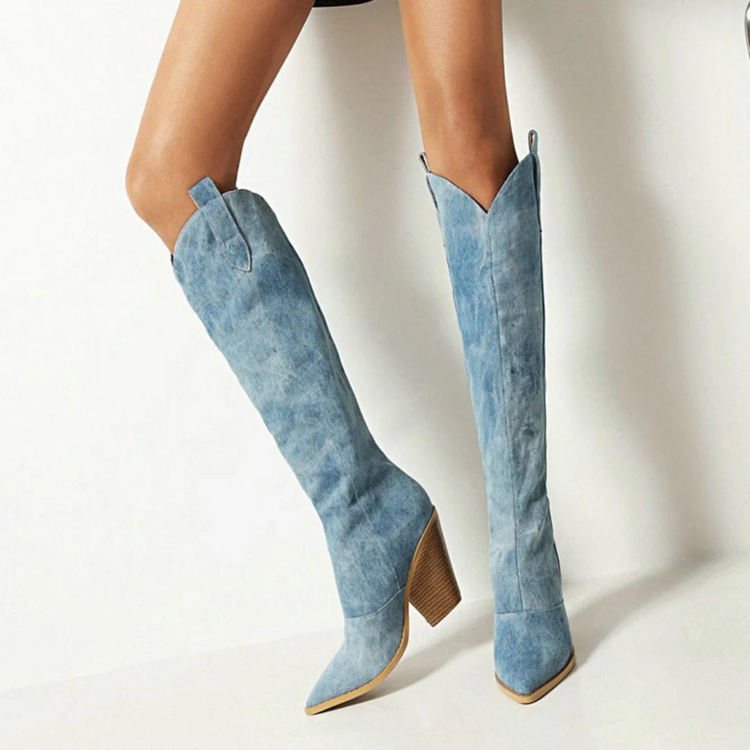 Donna | Kowbojki damskie z denimu styl western na obcasie casual
