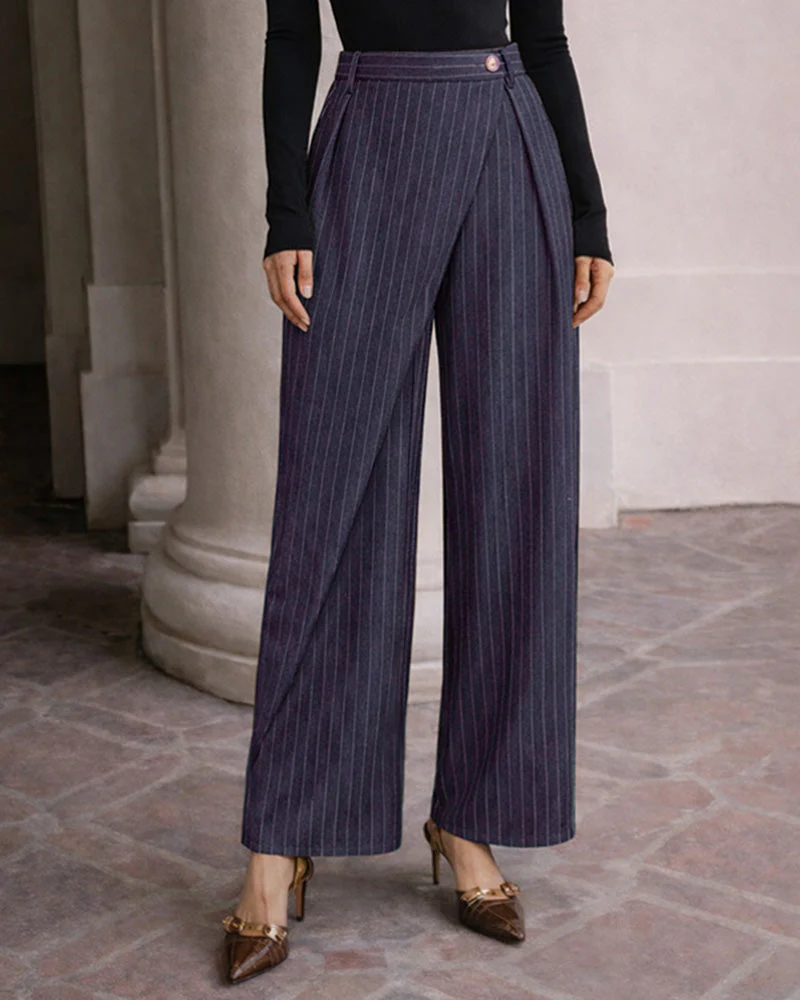 Gene | Damskie spodnie business casual z plisami, w prążki i o szerokich nogawkach