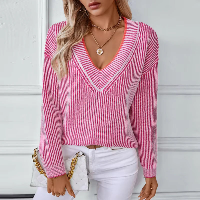 Haisley | Sweter damski w paski z długim rękawem i dekoltem w serek, dzianinowy casual