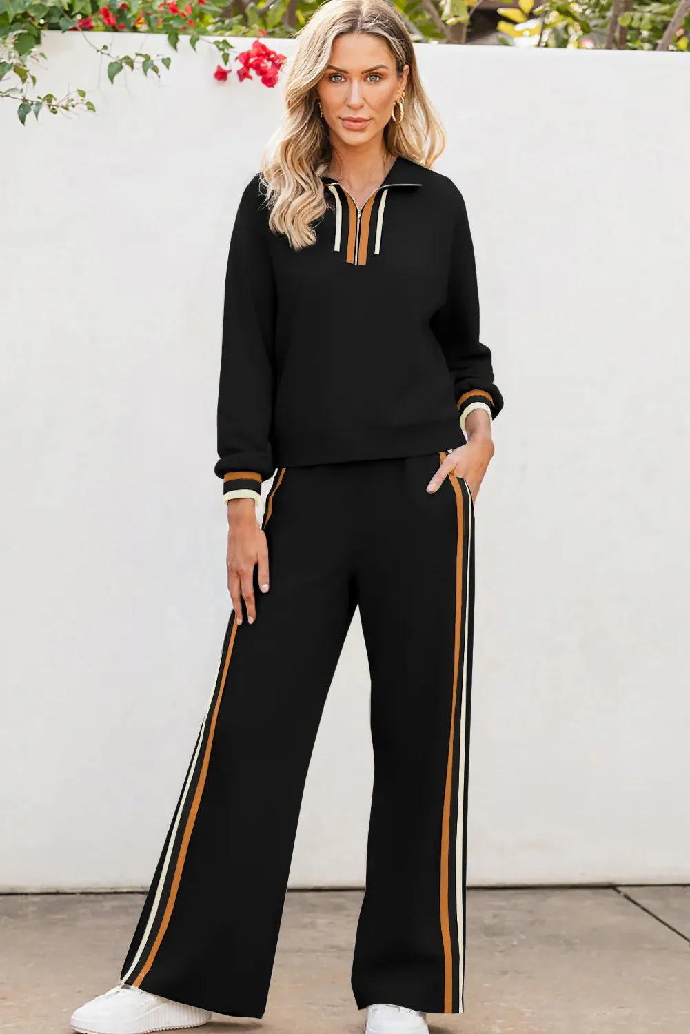 Harriet | Damski czarny komplet dzianinowy dwuczęściowy w paski, sportowy stylowy - Image 2