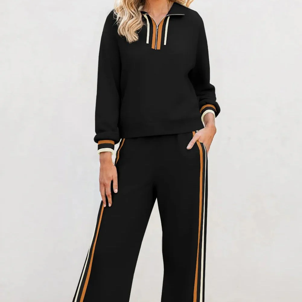 Harriet | Damski czarny komplet dzianinowy dwuczęściowy w paski, sportowy stylowy - Image 4