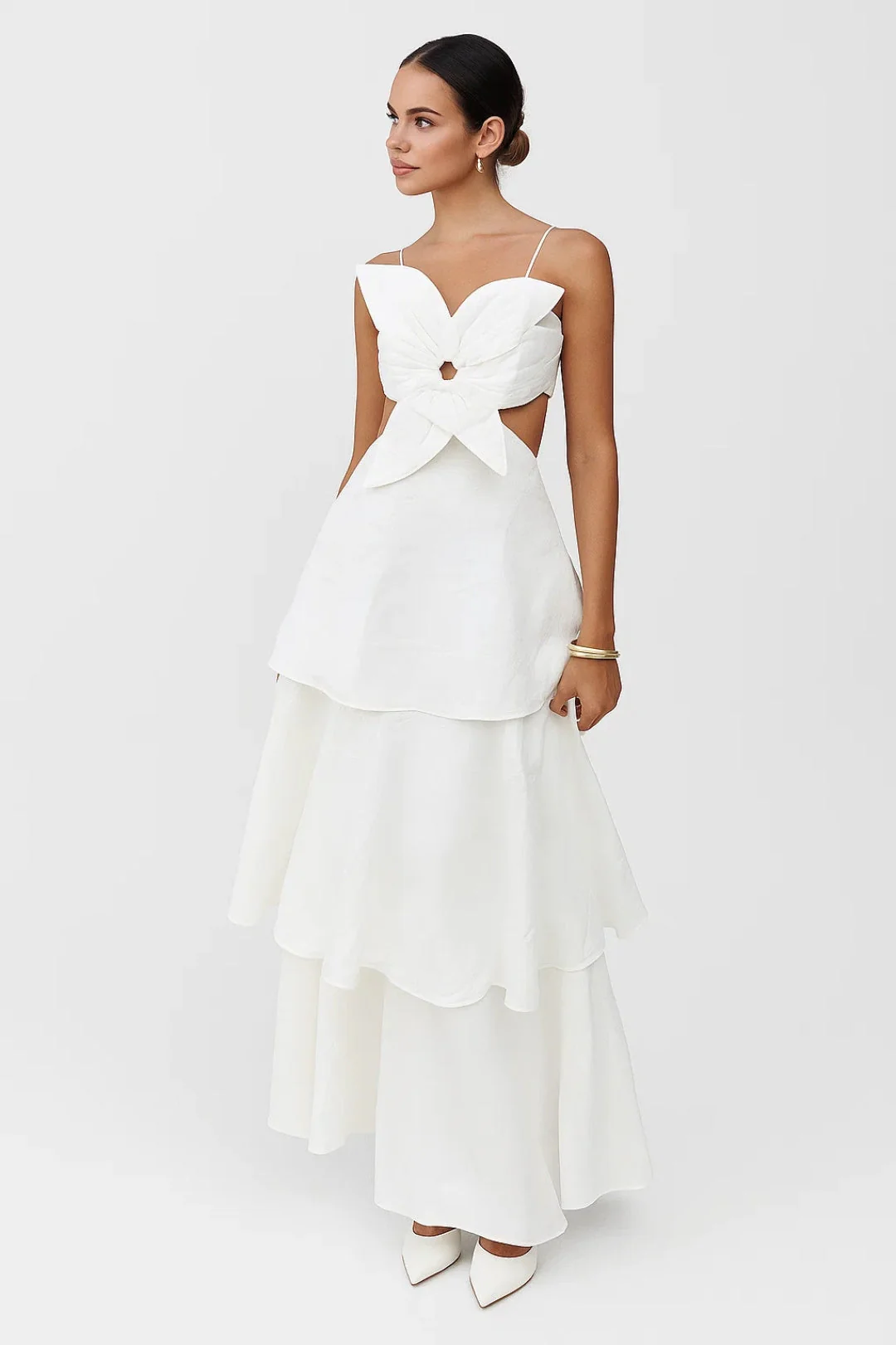 Holly | Sukienka maxi damska elegancka z wycięciem i warstwową spódnicą