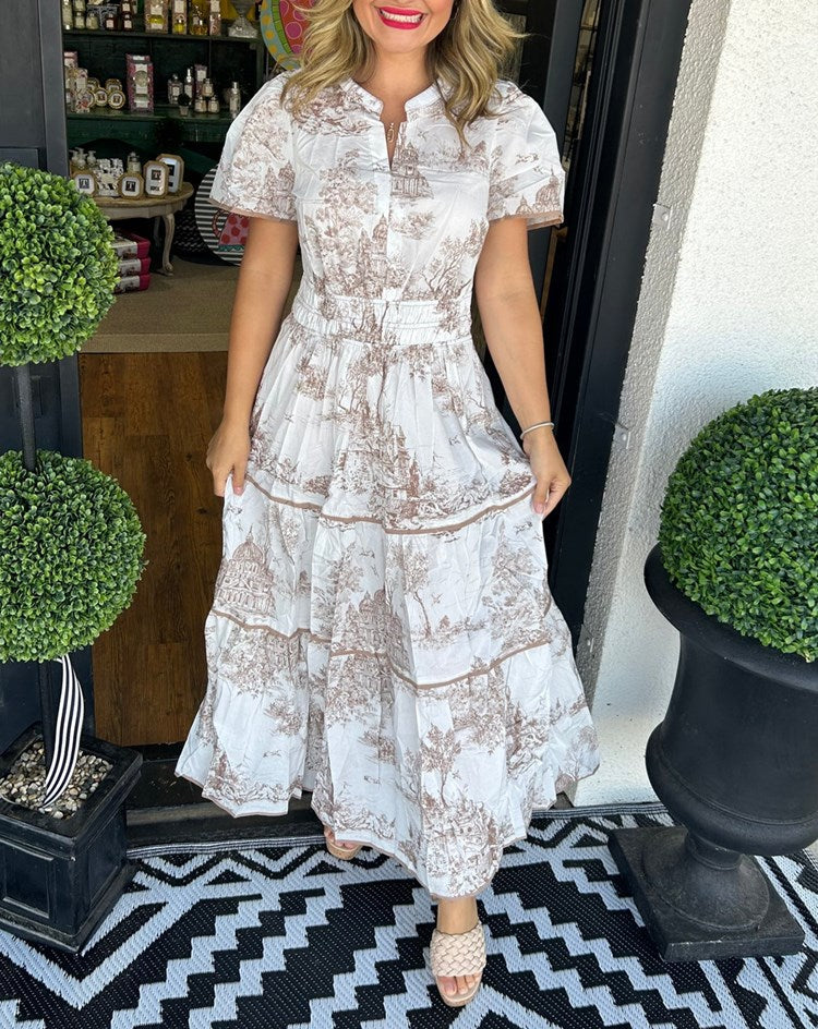 Jillian | Sukienka damska maxi w nadruk toile, elegancka i klasyczna