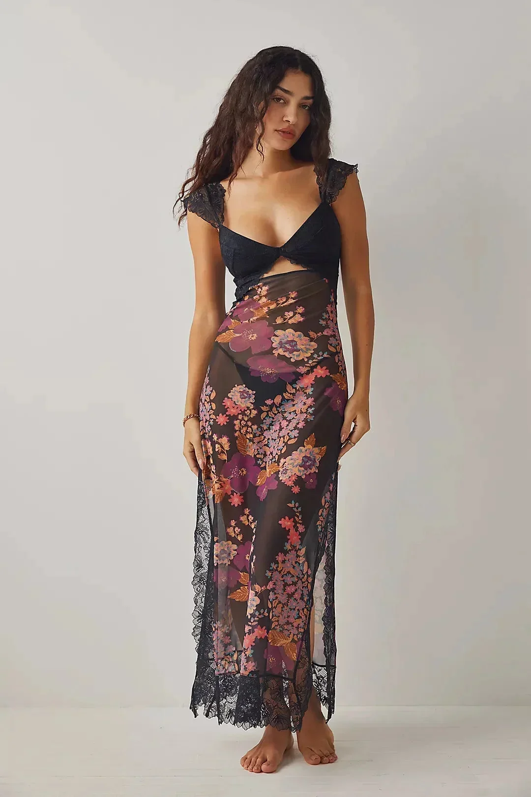 Lucinda | Sukienka damska maxi w kwiaty z przezroczystą koronką