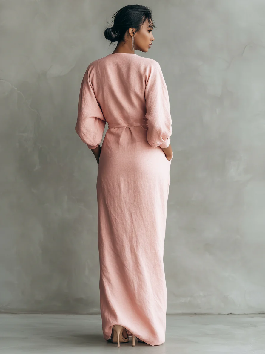 Rosamund | Sukienka maxi damska różowa minimalistyczna z lnu z dekoltem - Image 3