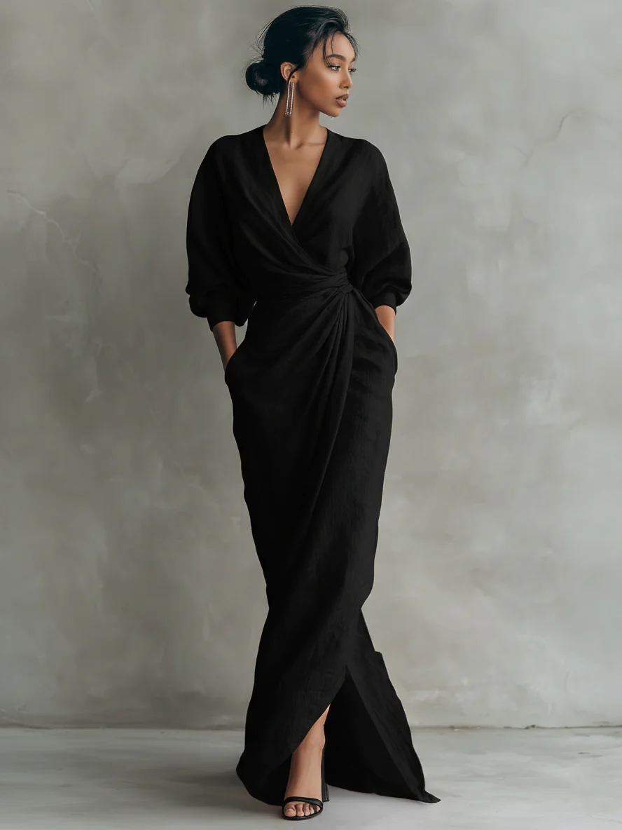 Rosamund | Sukienka maxi damska różowa minimalistyczna z lnu z dekoltem - Image 6