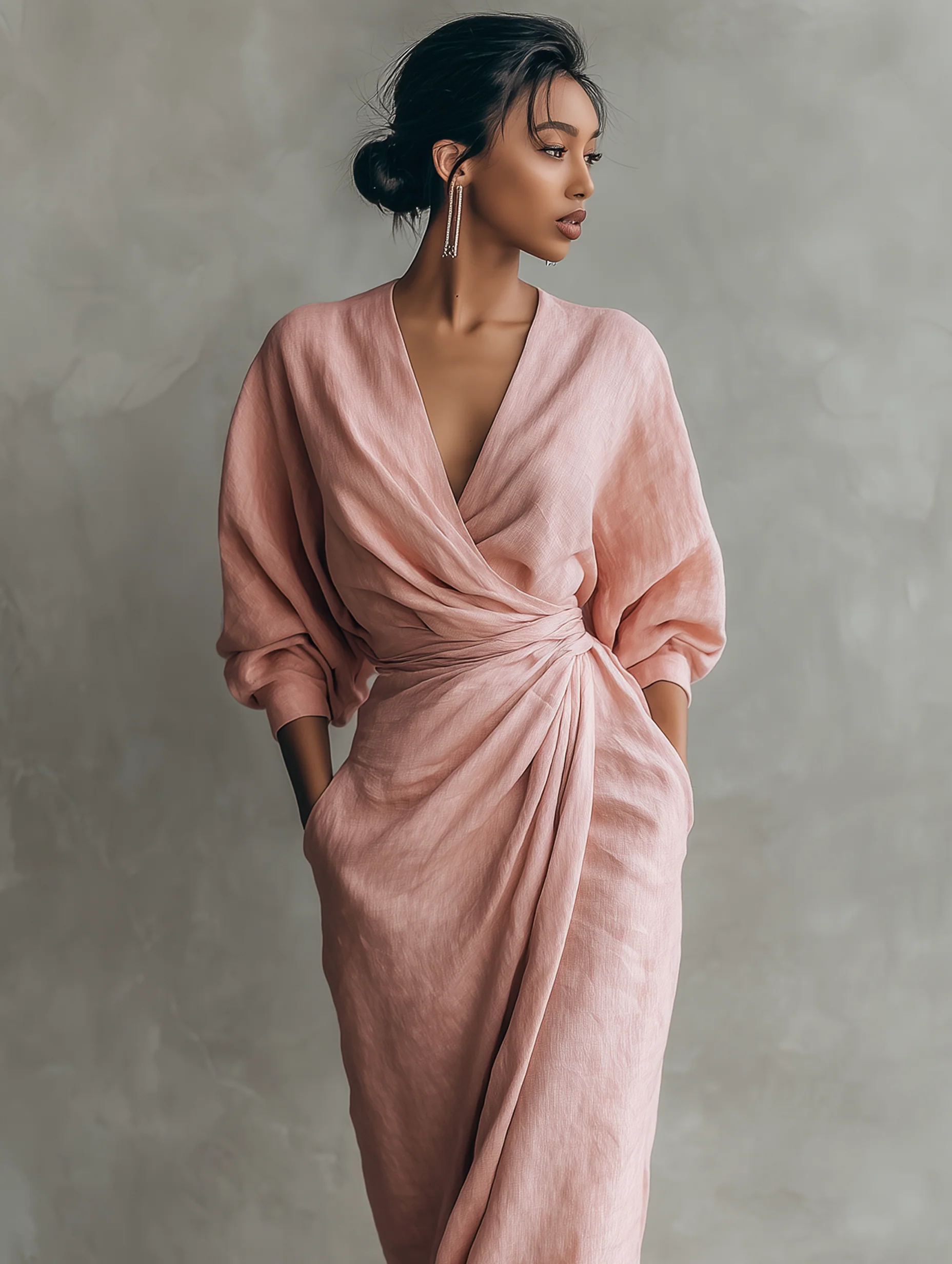 Rosamund | Sukienka maxi damska różowa minimalistyczna z lnu z dekoltem - Image 7