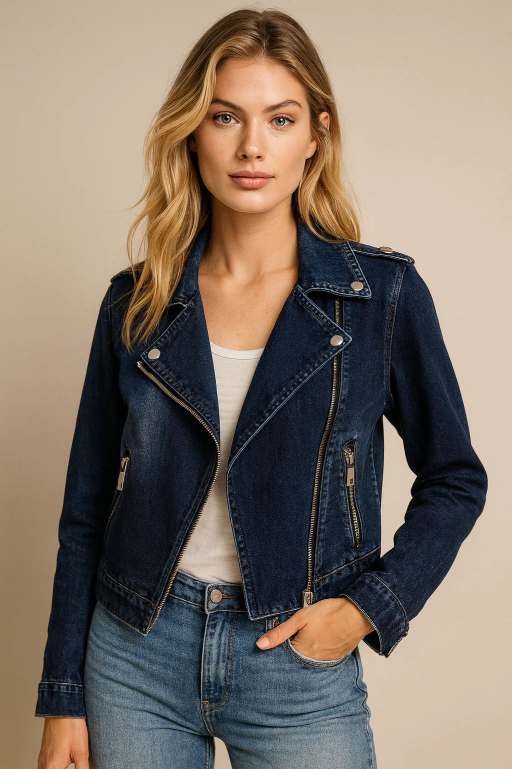 Sam | Damska kurtka jeansowa slim fit z detalami biker, stylowa modna