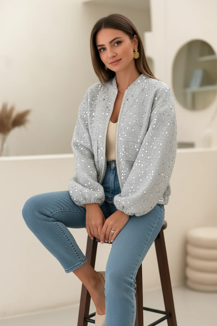 Sylvie | Glamourowa damska kurtka bomber z cekinami, efektowny i modny fason