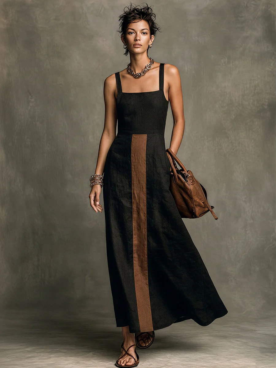 Tori | Damska sukienka maxi w stylu vintage, czarno-brązowa - Image 2